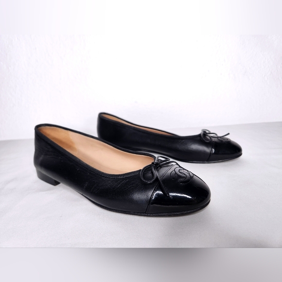CHANEL Black Cambon Leather Ballet Flats Bow CC Logo Classic Ballerina Size 37.5 - Picture 6 of 15